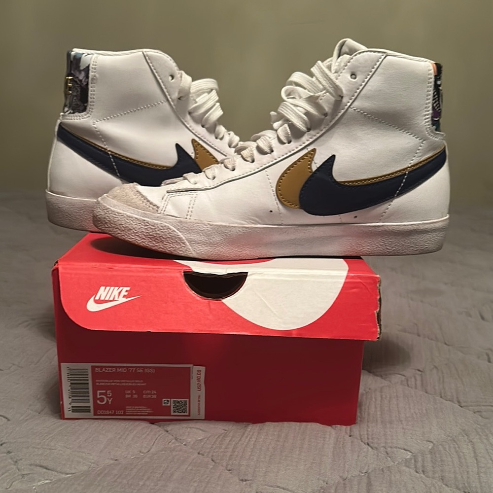 Nike Blazer Mid 77 SE White with Gold and Blue Accents